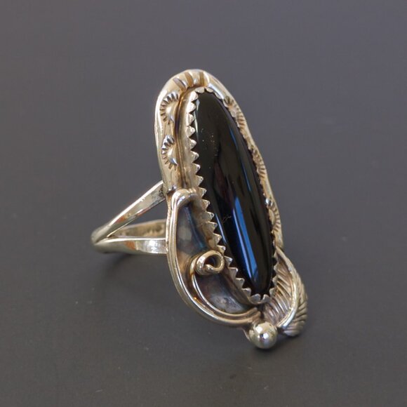 Sterling Long Onyx Navette Ring with Leaf & Scroll — Size 6.5–6.75 - Picture 3 of 8